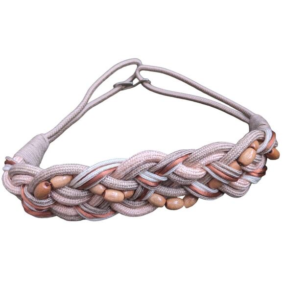 80s Macrame Belt Stretch 30-32" Earth Tones Satin Rope Wooden Beads VTG Boho - Picture 1 of 9